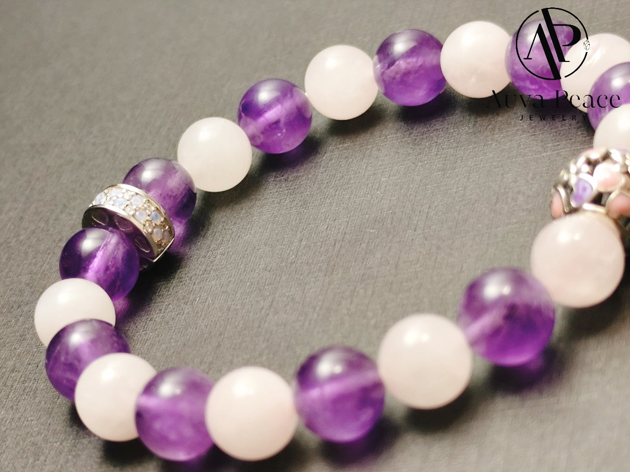 Genuine S925 Sliver Amethyst + Rose Quartz Bracelet (Bead 8mm Bracelet Length: 16cm)