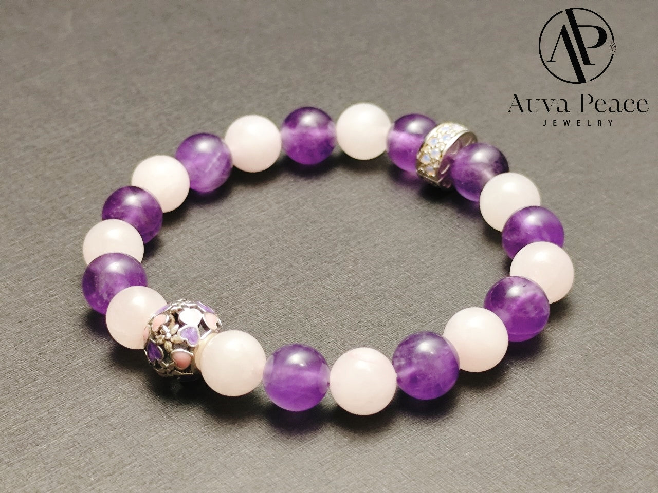 Genuine S925 Sliver Amethyst + Rose Quartz Bracelet (Bead 8mm Bracelet Length: 16cm)