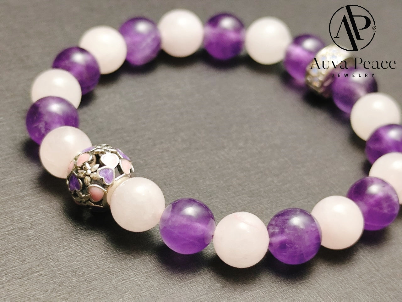 Genuine S925 Sliver Amethyst + Rose Quartz Bracelet (Bead 8mm Bracelet Length: 16cm)