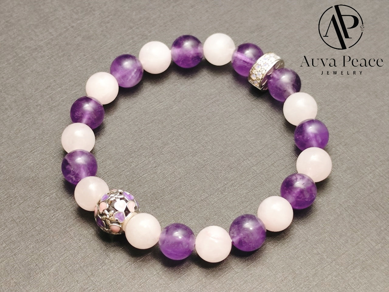 Genuine S925 Sliver Amethyst + Rose Quartz Bracelet (Bead 8mm Bracelet Length: 16cm)