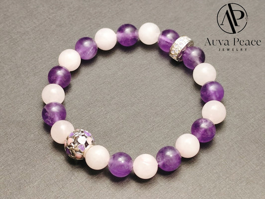 Genuine S925 Sliver Amethyst + Rose Quartz Bracelet (Bead 8mm Bracelet Length: 16cm)
