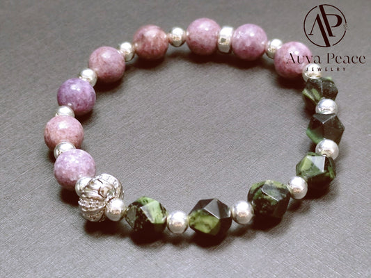 Genuine S925 Sliver Kambaba Jasper + Lipidolite Bracelet (Bead 8mm Bracelet Length: 16cm)